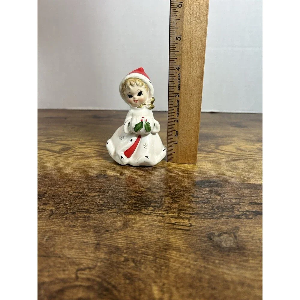 Vintage Napco Christmas Girl Bell Figurine White Coat Holly Japan 4” Tall Decor